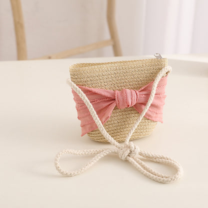 Spring Summer Bow Kids Straw Hat Travel Sun Protection Family Bag Set