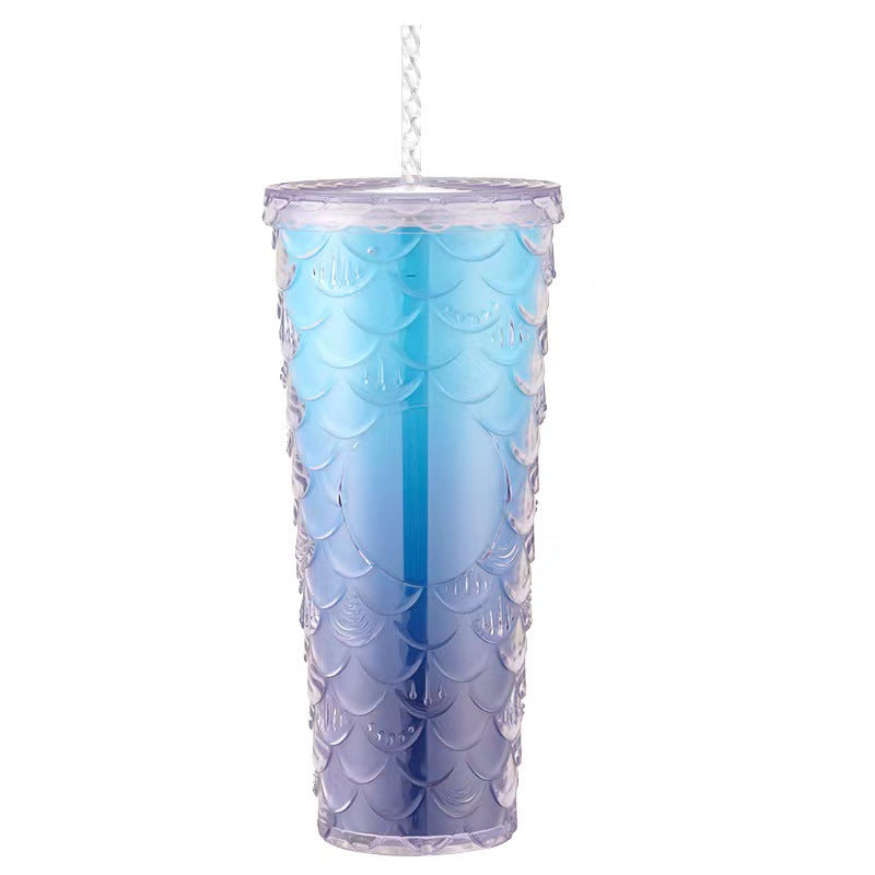 Scaled Pattern Large Capacity Double-Layer Plastic Straw Bottle