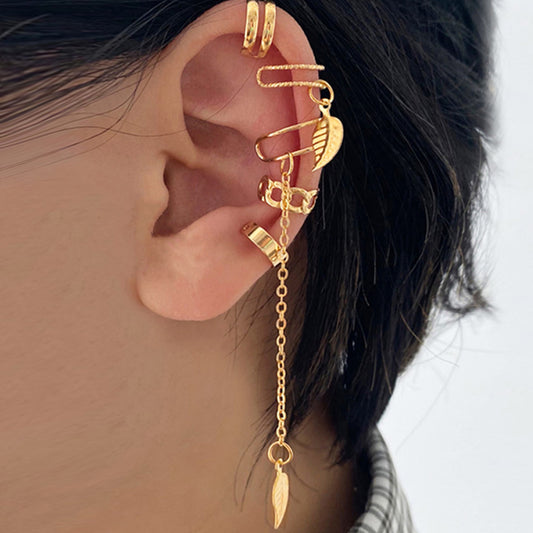 Golden Leaf Tassel Chain Earrings 5-Piece Set