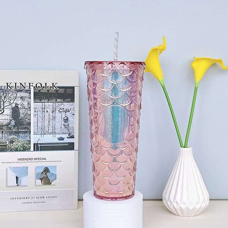 Scaled Pattern Large Capacity Double-Layer Plastic Straw Bottle