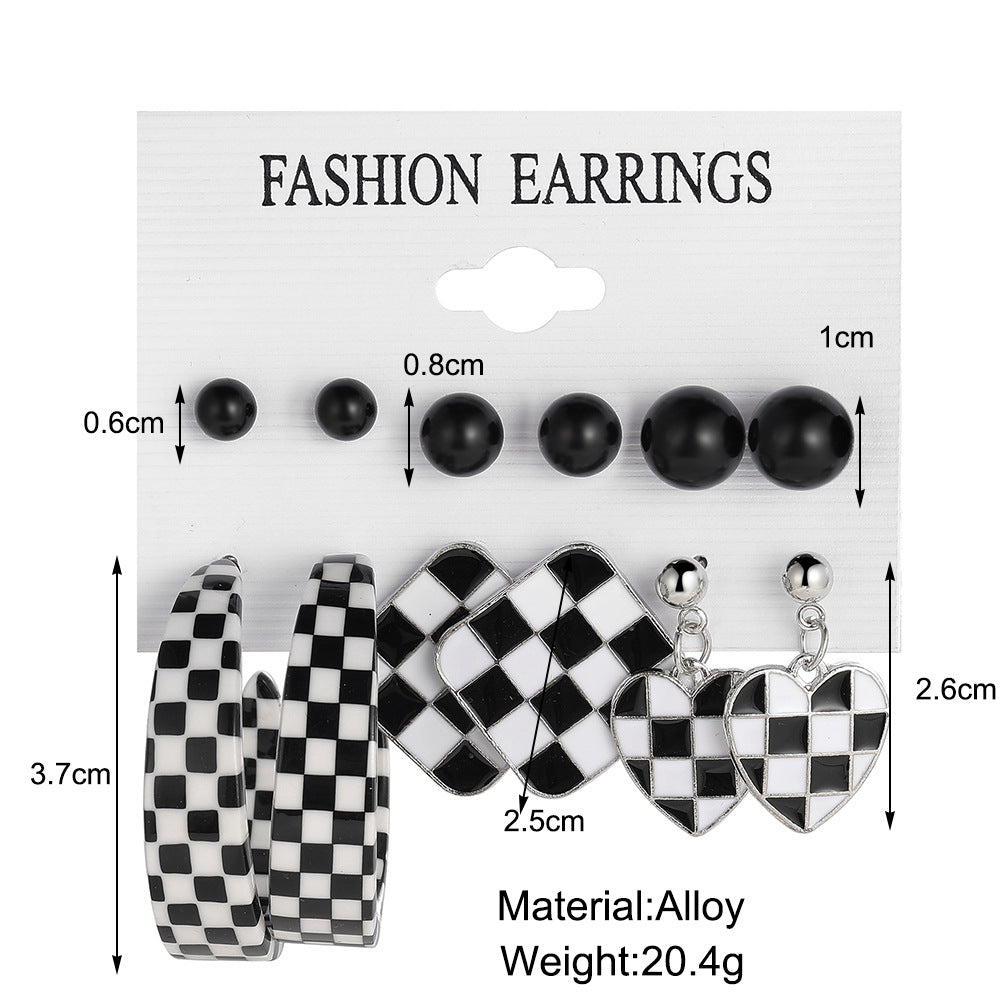 Black C-shaped stud earrings set of 6 pairs