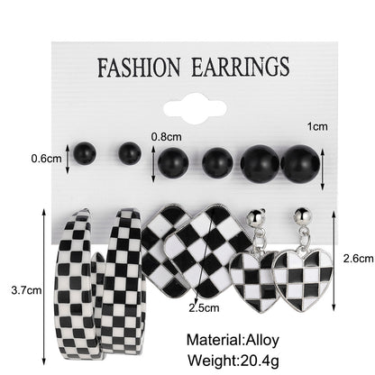 Black C-shaped stud earrings set of 6 pairs