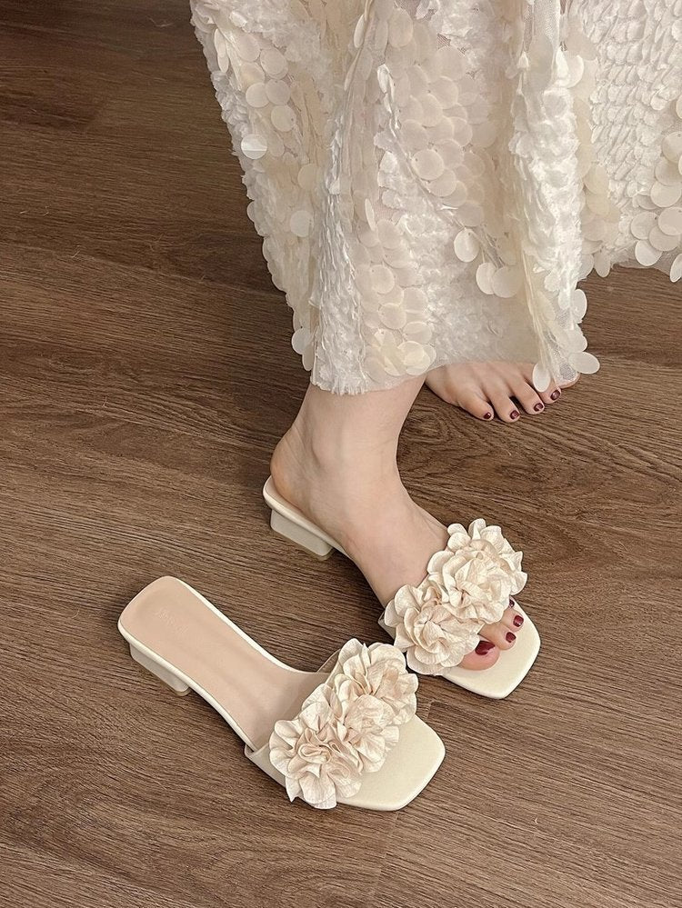 Flower medium heel one-word cool slippers