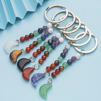 Colorful natural crystal agate moon pendant stainless steel keychain