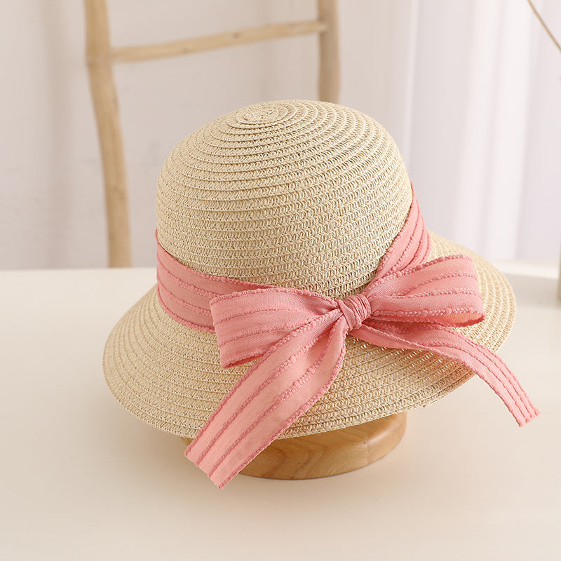 Spring Summer Bow Kids Straw Hat Travel Sun Protection Family Bag Set