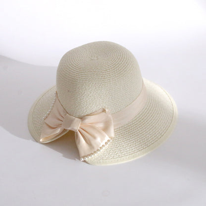 Bow Sun Hat Women Fashion Straw Korean Pearl Wide Brim UV Fisherman