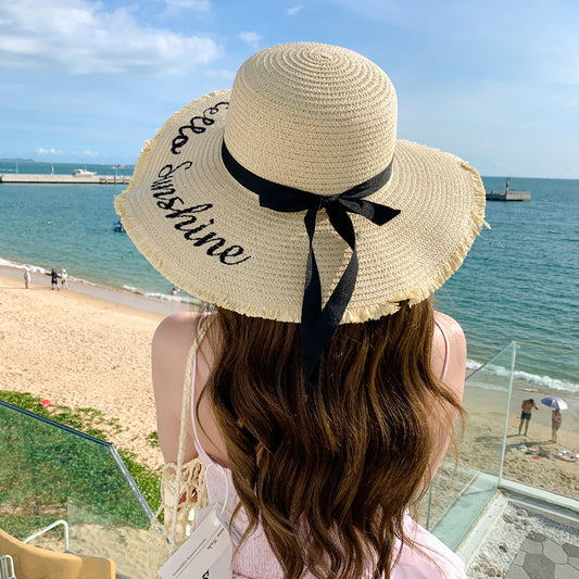 New Women¡¯s Fashion Letter Wide-Brim Breathable Straw Hat Sun Protection