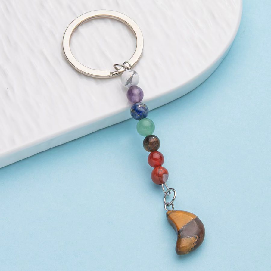 Colorful natural crystal agate moon pendant stainless steel keychain