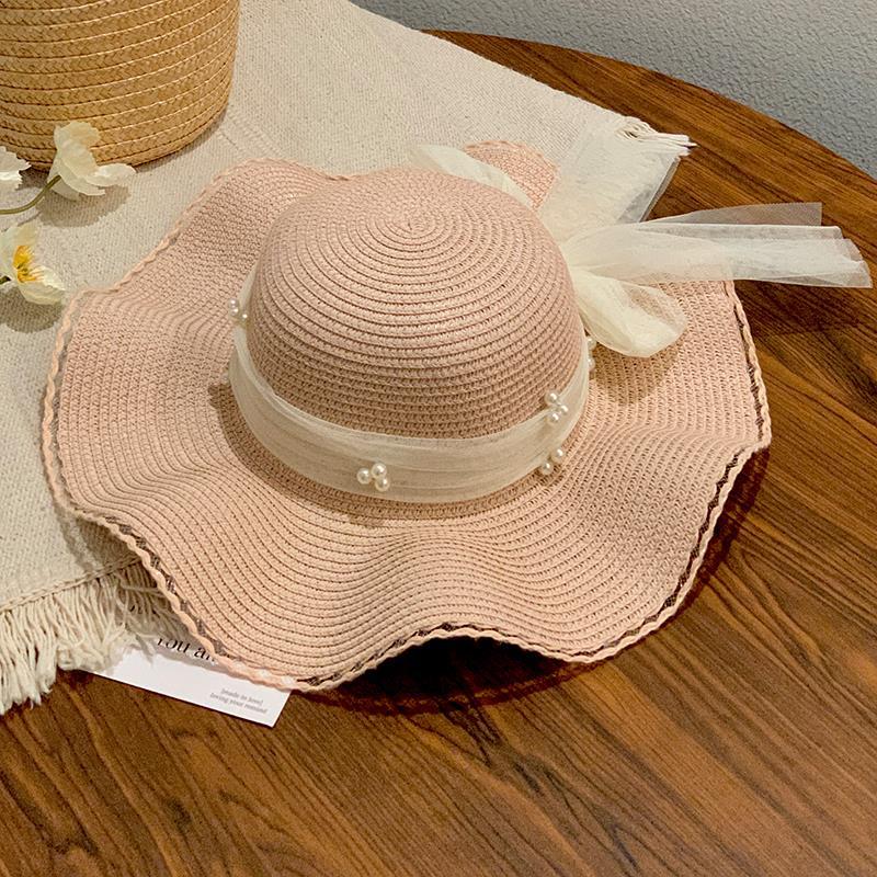 Lace Pearl Bow Wave Hat Women's Summer Wide Brim Sun