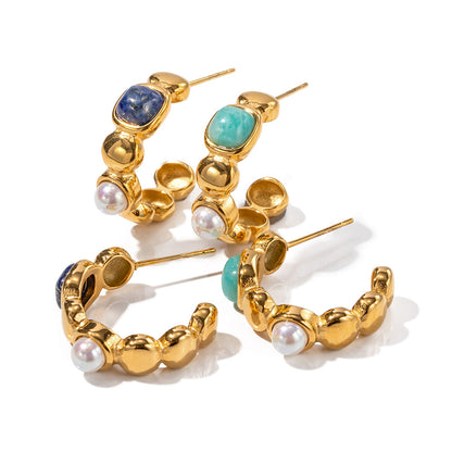 18K Gold C-Shaped Gemstone Drop Earrings