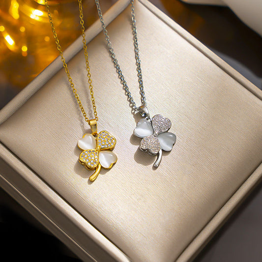 Trendy Four-Leaf Clover Titanium Necklace with Cat's Eye