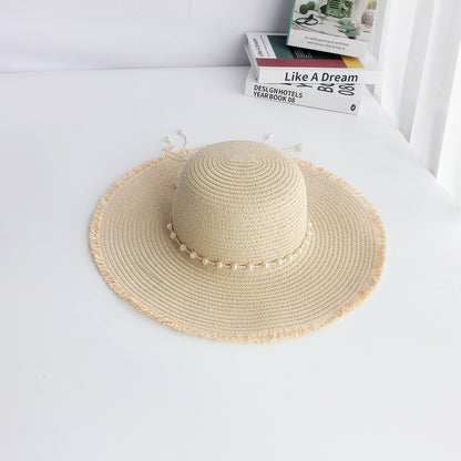 New Long Fringe Pearl Beige Wide Brim Beach Sun Protection Straw