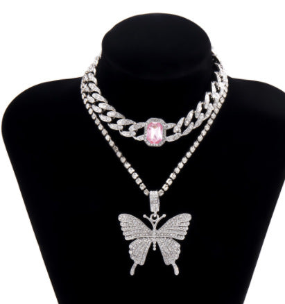 Cuban Chain Diamond Butterfly Gemstone Necklace