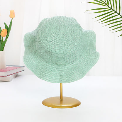 Sombrero de paja ondulado para niños con cordón resistente al viento y ala grande con protección solar 