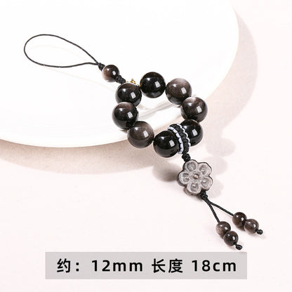 7A Natural Silver Obsidian Round Bead Mobile Phone Chain Pendant