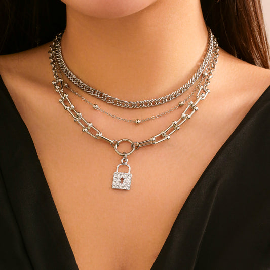 Punk full diamond mix and match lock necklace