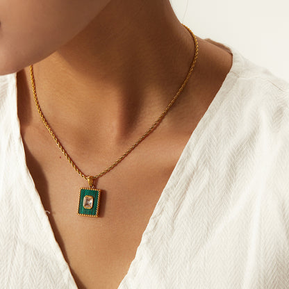 Women's rectangular green tag necklace