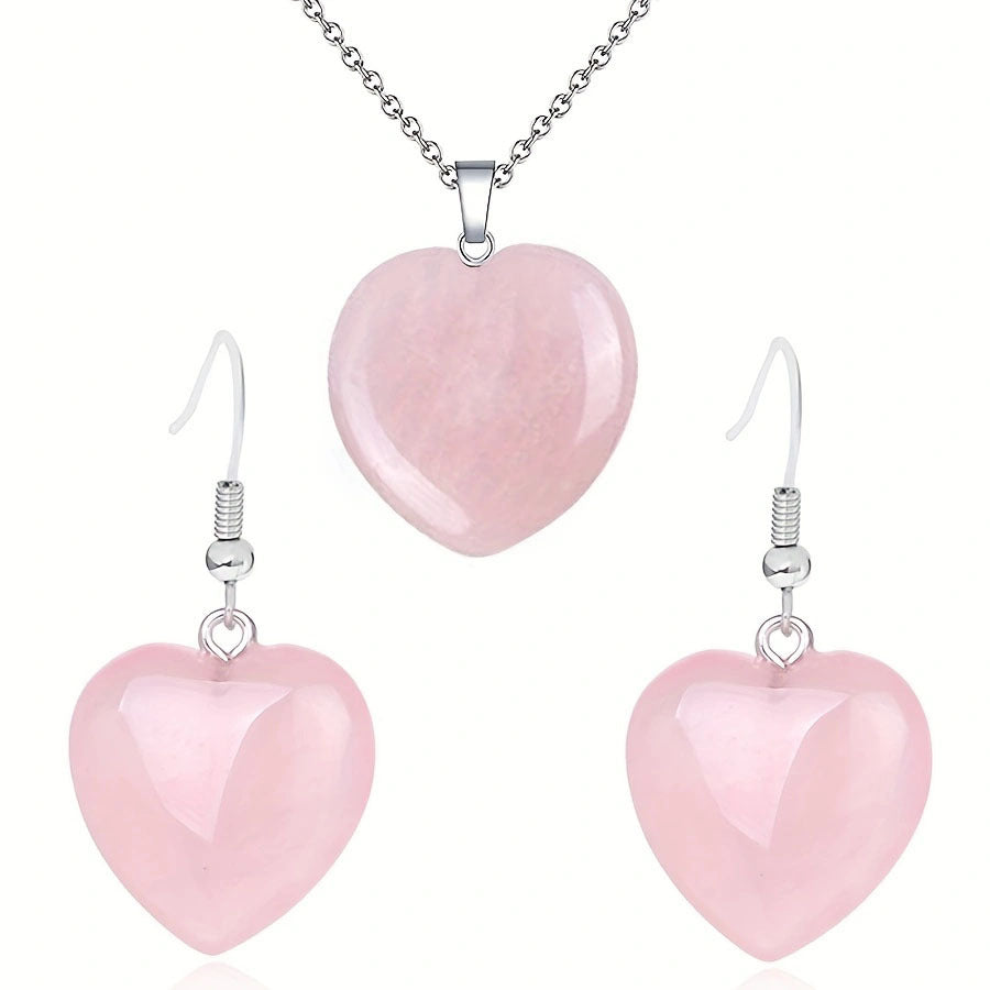 Natural Stone Heart Stainless Steel Necklace Earring Set