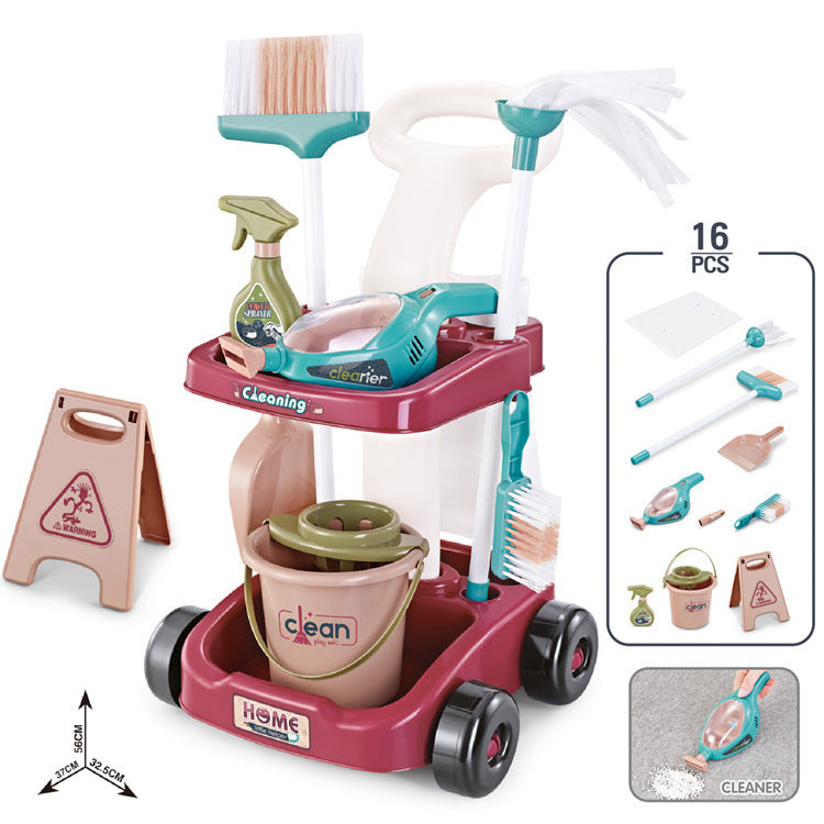 Children's Pretend Play Cleaning Tools Cart with Vacuum Cleaner, Broom, Mop Set for Housekeeping Toy