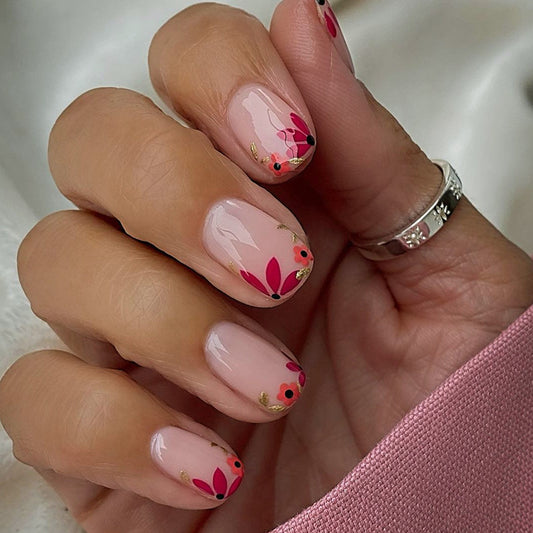 Plum Color Floral Square Fake Nails