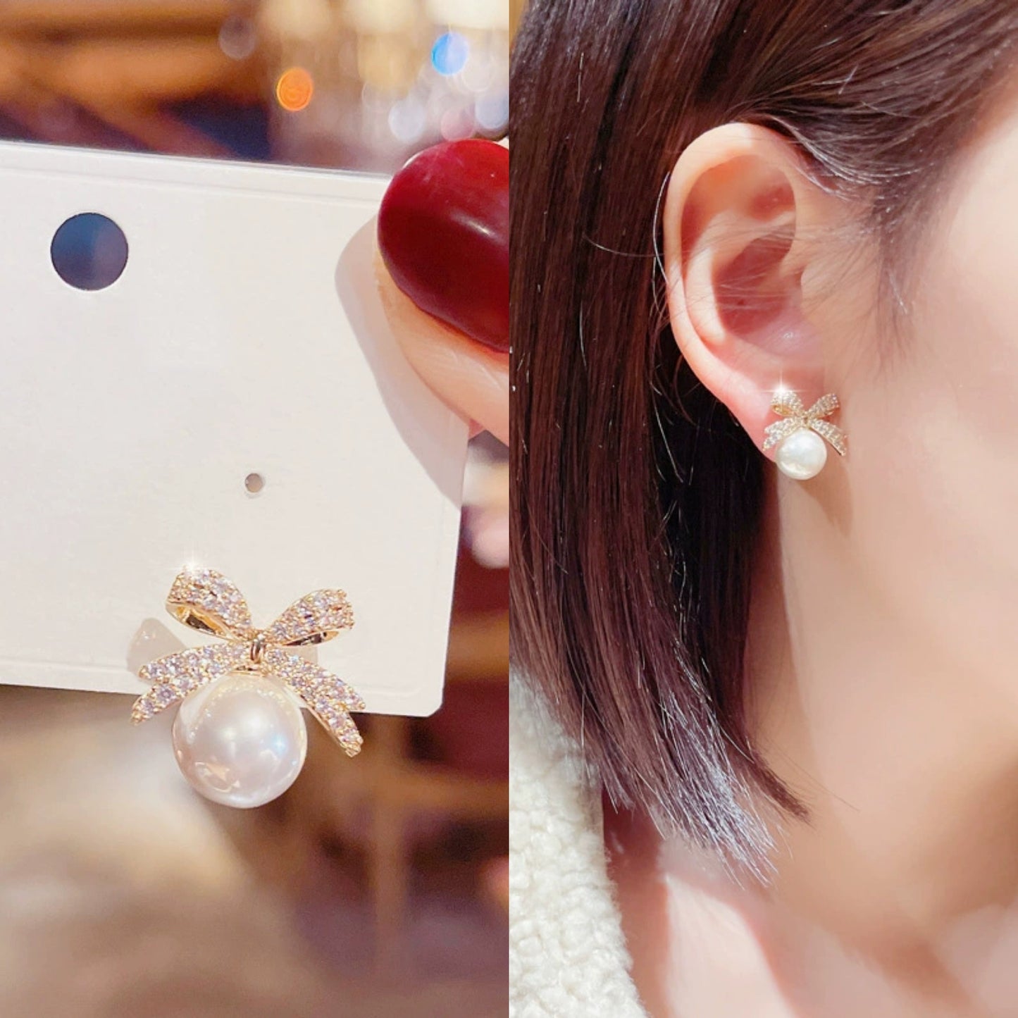 Bow Sparkling Diamond Pearl Stud Earrings