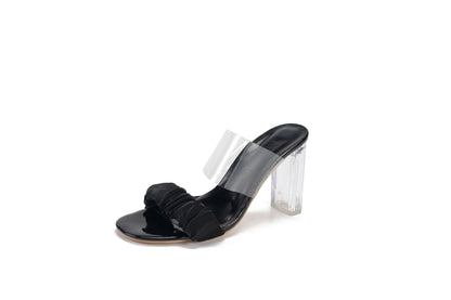 Sheer block heel, straight square-toe crepe slippers