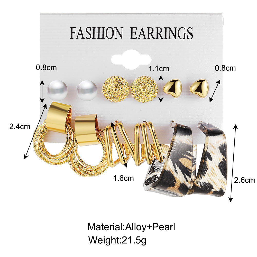 Leopard print C-shaped earrings set 6 pairs