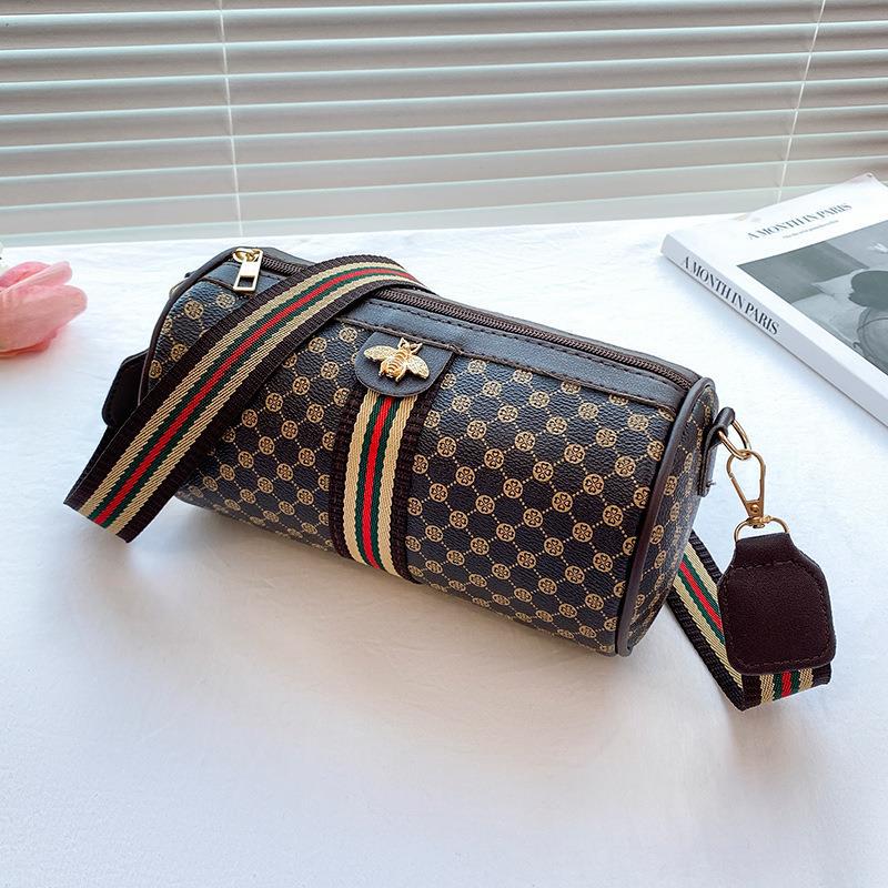 Printed Contrast Bee Ribbon Cylinder Shoulder Bag