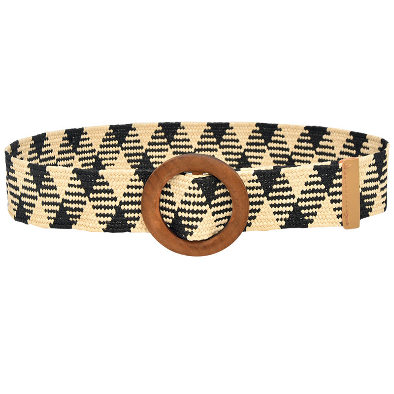 5CM wood buckle braided elastic belt