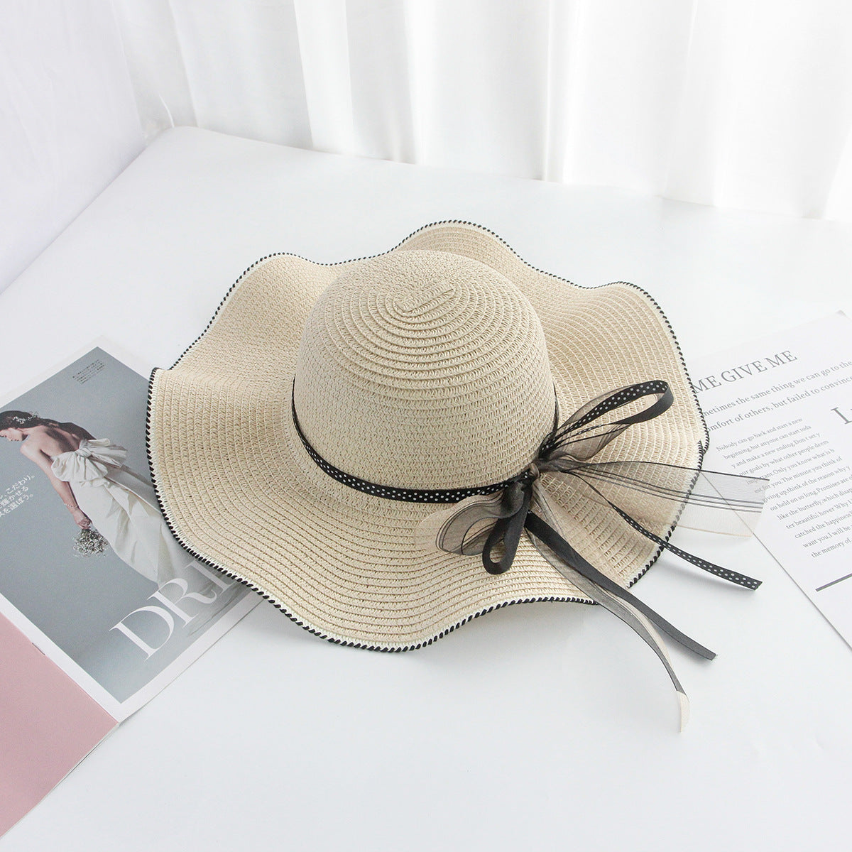 Korean Bow Wide Brim Straw Hat