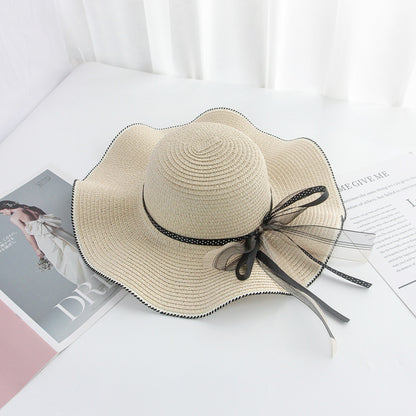 Korean Bow Wide Brim Straw Hat