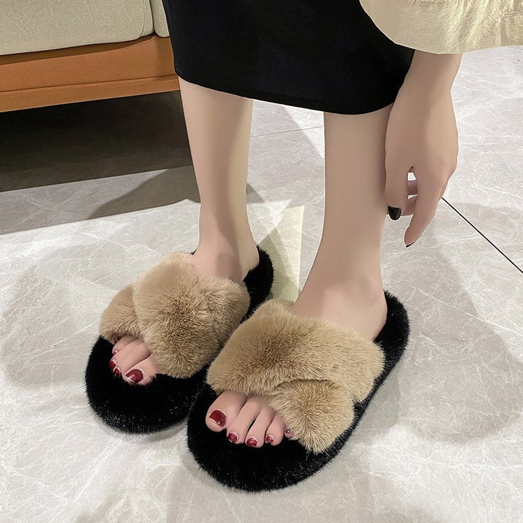 Rabbit fur cross slippers