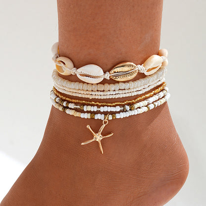 Rice Pearl Shell Starfish Multilayer Anklet