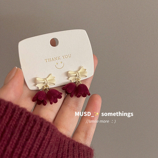 Burgundy Velvet Flower Bow Earrings