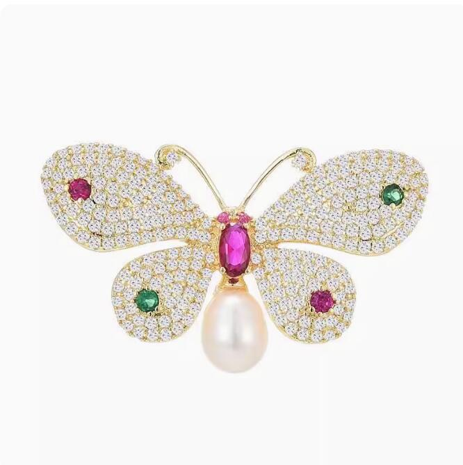 Colored Sparkling Diamond Pearl Butterfly Brooch