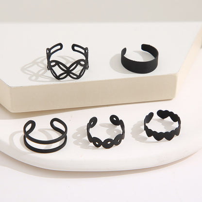 Hollow Black Geometric Ring 5-Piece Set