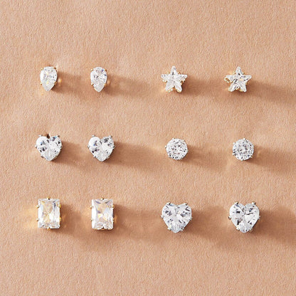 Star Heart Geometric Zircon Earrings 6-Piece Set