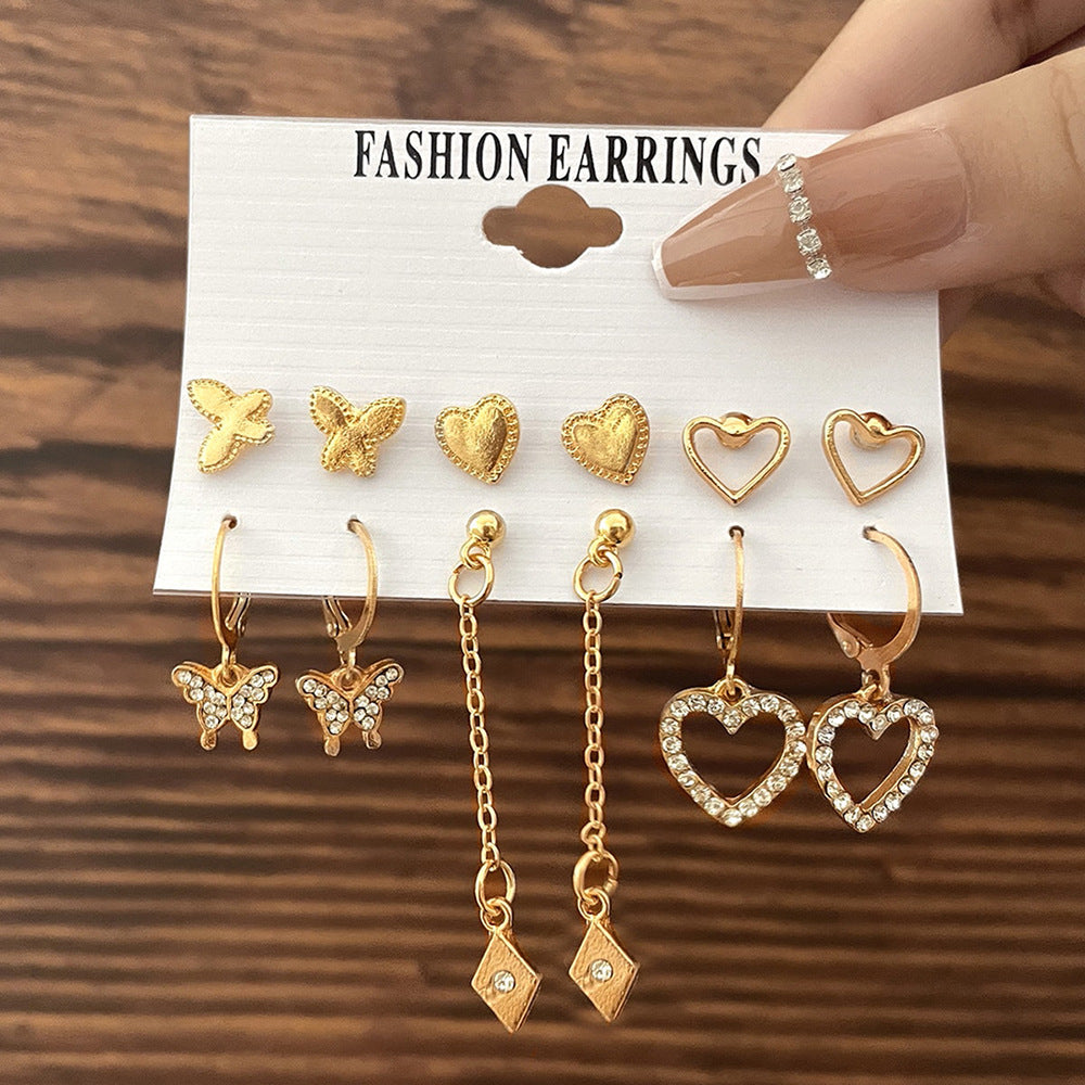 Metal heart-shaped diamond earrings set 6 pairs