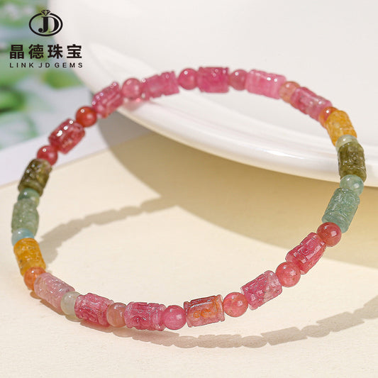 7A Natural Watermelon Tourmaline Pixiu Bracelet