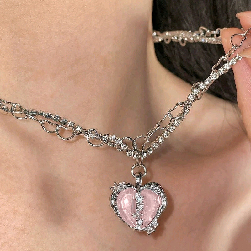 Split Heart Zirconia Sweet and Cool Necklace