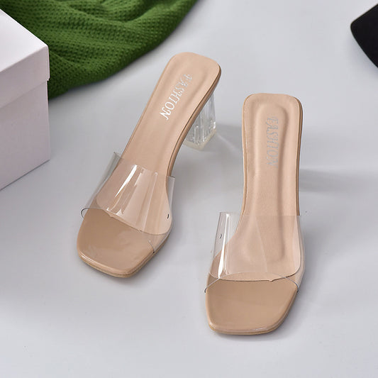 Crystal thick heel with transparent cool slippers