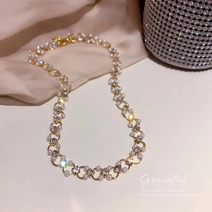 French Pearl Zircon Short Woven Necklace