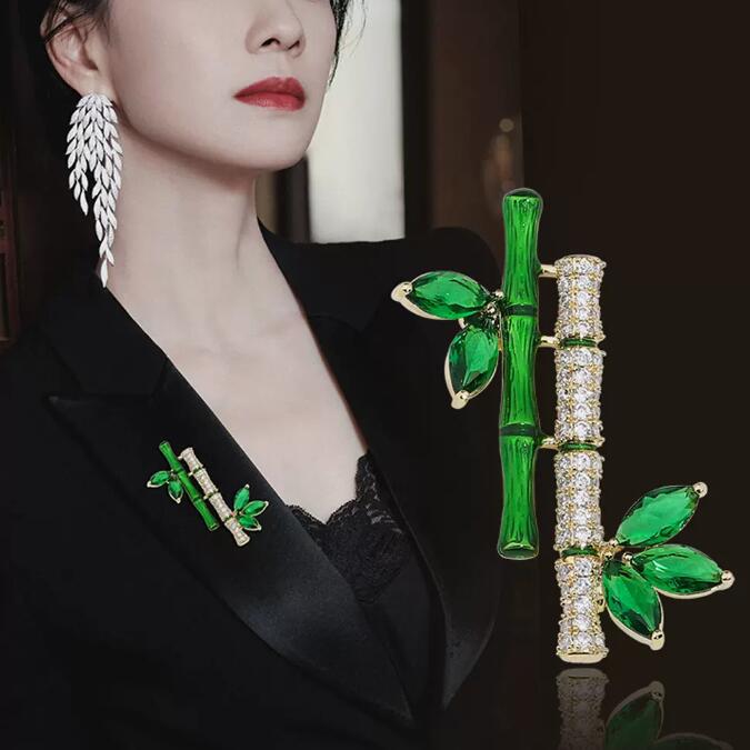 Green Crystal Ping An Bamboo Brooch