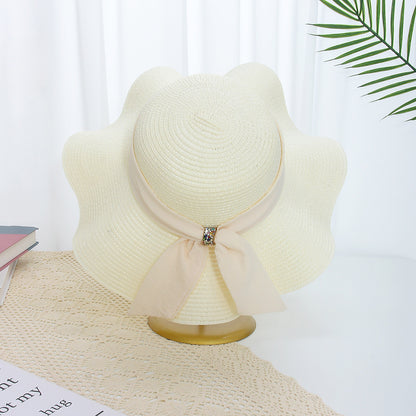 Floral Wave-Edge Straw Hat Women Summer French Beach Wide-Brim Sun Hat