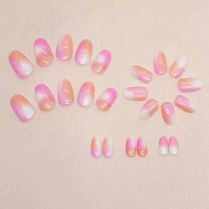 Short Orange-Pink Gradient Round Fake Nails