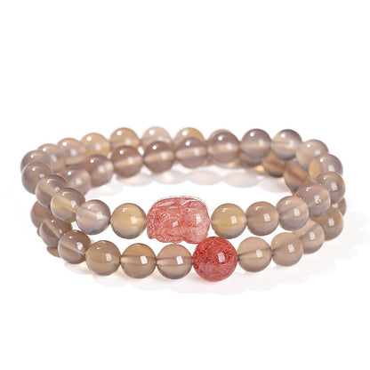 Grey agate strawberry crystal Pixiu double ring bracelet