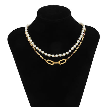 Double Neck Pearl Chain Necklace