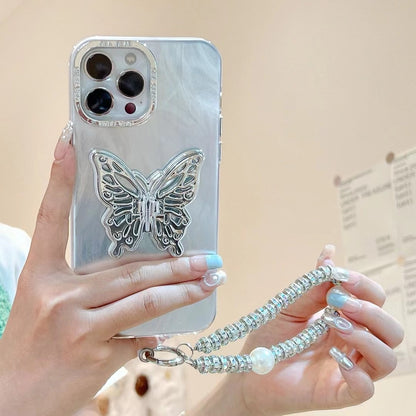 Funda de plumas plateadas para iPhone 15 Pro 11 con soporte de mariposa de plata galvanizada 