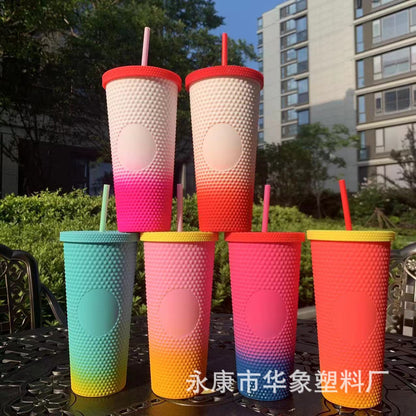 Durian cup gradual change color double layer plastic straw cup