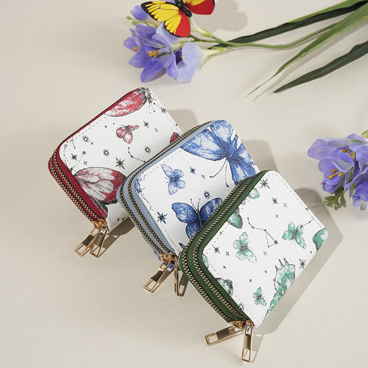 Simple butterfly print double zipper wallet